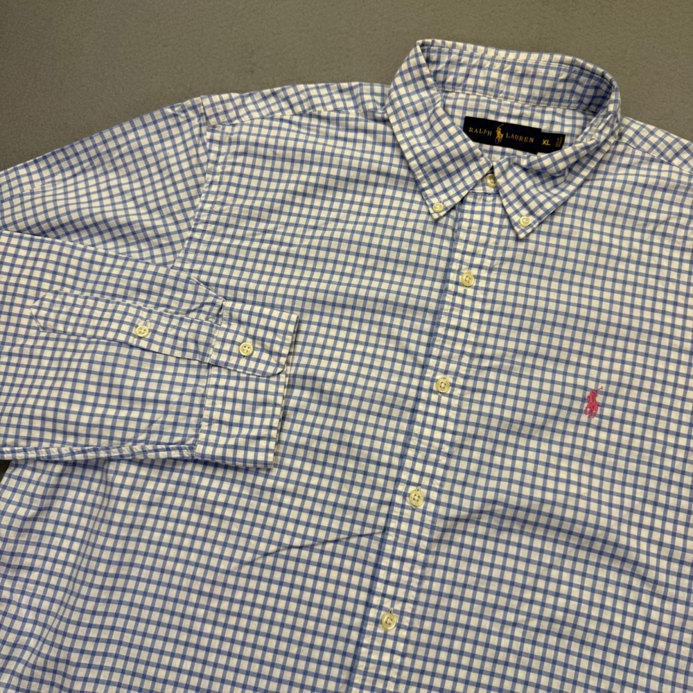 Ralph Lauren Mens XL Blue Gingham Check Button Down Shirt Pink Pony Logo Cotton